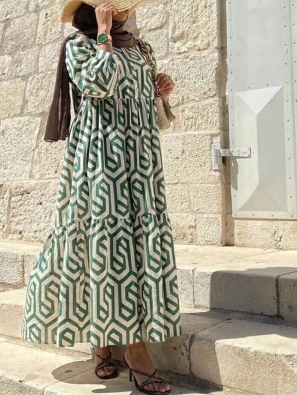 Zara Ecru White Green Geometric Print Karen Tiered Midi Dress